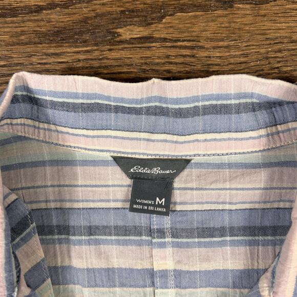 Eddie Bauer Shirt Womens Medium Blue Pink Striped Button Up Short Sleeve Blouse - Picture 2 of 8